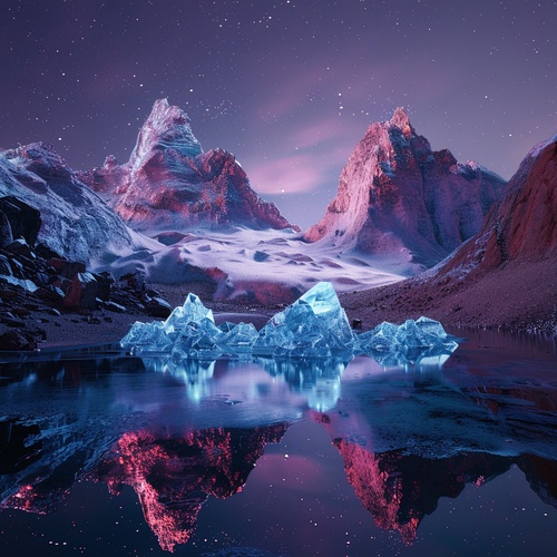 At night,This is surreal and complex CG rendering, transparent, starlight, round crystal, CG3D effect, volume light, super wide angle, sky, pink white light reflection,Tyndall light effect，super shocking reality 8K that affects complex details, Marc ADAMUS landscape photography, stereo light in real life, symmetry, 8K.HD ar 2:3 style raw stylize 750 v 3