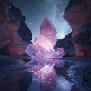 At night,This is surreal and complex CG rendering, transparent, starlight, round crystal, CG3D effect, volume light, super wide angle, sky, pink white light reflection,Tyndall light effect，super shocking reality 8K that affects complex details, Marc ADAMUS landscape photography, stereo light in real life, symmetry, 8K.HD ar 2:3 style raw stylize 750 v 3