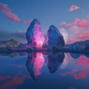 At night,This is surreal and complex CG rendering, transparent, starlight, round crystal, CG3D effect, volume light, super wide angle, sky, pink white light reflection,Tyndall light effect，super shocking reality 8K that affects complex details, Marc ADAMUS landscape photography, stereo light in real life, symmetry, 8K.HD ar 2:3 style raw stylize 750 v 3