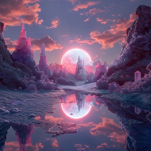 At night,This is surreal and complex CG rendering, transparent, starlight, round crystal, CG3D effect, volume light, super wide angle, sky, pink white light reflection,Tyndall light effect，super shocking reality 8K that affects complex details, Marc ADAMUS landscape photography, stereo light in real life, symmetry, 8K.HD ar 2:3 style raw stylize 750 v 3