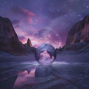 At night,This is surreal and complex CG rendering, transparent, starlight, round crystal, CG3D effect, volume light, super wide angle, sky, pink white light reflection,Tyndall light effect，super shocking reality 8K that affects complex details, Marc ADAMUS landscape photography, stereo light in real life, symmetry, 8K.HD ar 2:3 style raw stylize 750 v 3