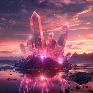 At night,This is surreal and complex CG rendering, transparent, starlight, round crystal, CG3D effect, volume light, super wide angle, sky, pink white light reflection,Tyndall light effect，super shocking reality 8K that affects complex details, Marc ADAMUS landscape photography, stereo light in real life, symmetry, 8K.HD ar 2:3 style raw stylize 750 v 3