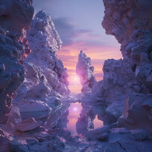 At night,This is surreal and complex CG rendering, transparent, starlight, round crystal, CG3D effect, volume light, super wide angle, sky, pink white light reflection,Tyndall light effect，super shocking reality 8K that affects complex details, Marc ADAMUS landscape photography, stereo light in real life, symmetry, 8K.HD ar 2:3 style raw stylize 750 v 3