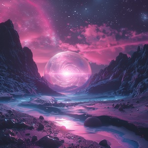 At night,This is surreal and complex CG rendering, transparent, starlight, round crystal, CG3D effect, volume light, super wide angle, sky, pink white light reflection,Tyndall light effect，super shocking reality 8K that affects complex details, Marc ADAMUS landscape photography, stereo light in real life, symmetry, 8K.HD ar 2:3 style raw stylize 750 v 3