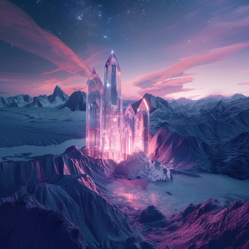 At night,This is surreal and complex CG rendering, transparent, starlight, round crystal, CG3D effect, volume light, super wide angle, sky, pink white light reflection,Tyndall light effect，super shocking reality 8K that affects complex details, Marc ADAMUS landscape photography, stereo light in real life, symmetry, 8K.HD ar 2:3 style raw stylize 750 v 3