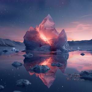 At night,This is surreal and complex CG rendering, transparent, starlight, round crystal, CG3D effect, volume light, super wide angle, sky, pink white light reflection,Tyndall light effect，super shocking reality 8K that affects complex details, Marc ADAMUS landscape photography, stereo light in real life, symmetry, 8K.HD ar 2:3 style raw stylize 750 v 3