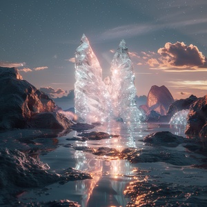 At night,This is surreal and complex CG rendering, transparent, starlight, round crystal, CG3D effect, volume light, super wide angle, sky, pink white light reflection,Tyndall light effect，super shocking reality 8K that affects complex details, Marc ADAMUS landscape photography, stereo light in real life, symmetry, 8K.HD ar 2:3 style raw stylize 750 v 3