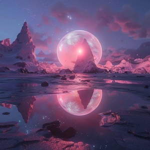 At night,This is surreal and complex CG rendering, transparent, starlight, round crystal, CG3D effect, volume light, super wide angle, sky, pink white light reflection,Tyndall light effect，super shocking reality 8K that affects complex details, Marc ADAMUS landscape photography, stereo light in real life, symmetry, 8K.HD ar 2:3 style raw stylize 750 v 3