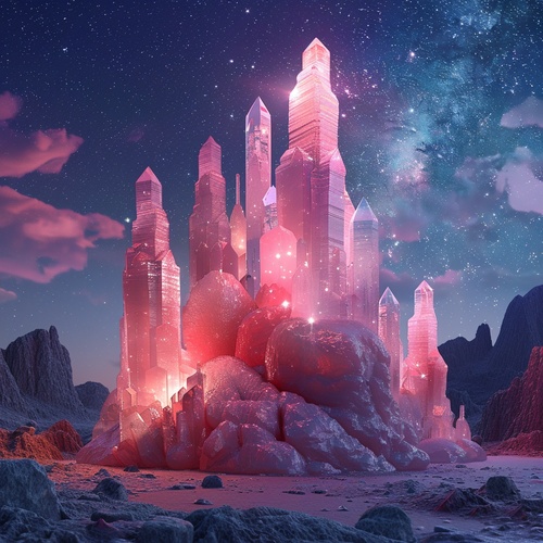 At night,This is surreal and complex CG rendering, transparent, starlight, round crystal, CG3D effect, volume light, super wide angle, sky, pink white light reflection,Tyndall light effect，super shocking reality 8K that affects complex details, Marc ADAMUS landscape photography, stereo light in real life, symmetry, 8K.HD ar 2:3 style raw stylize 750 v 3