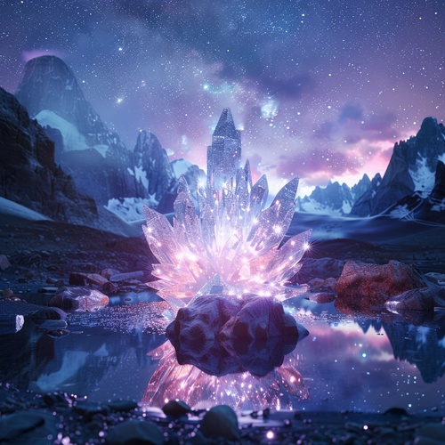 At night,This is surreal and complex CG rendering, transparent, starlight, round crystal, CG3D effect, volume light, super wide angle, sky, pink white light reflection,Tyndall light effect，super shocking reality 8K that affects complex details, Marc ADAMUS landscape photography, stereo light in real life, symmetry, 8K.HD ar 2:3 style raw stylize 750 v 3