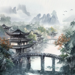 江南烟雨百景图,传统的中国水墨画风格,表现了一个古老的江南水乡。在一个阴雨天,是非常非常重要的楼和古桥都被雨水淋湿,但它们的轮廓仍然清晰可见。远处是苍翠的山峦和树木,近处是青石板铺成的小路,隐约可以听到雨滴的声音。画面以墨色为主,运用了中国传统的水墨画技法,展现了江南地区独特的风景和文化。