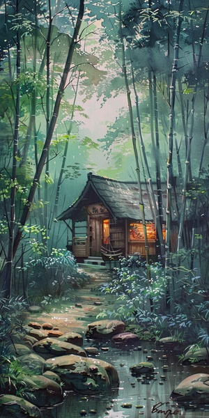 下雨天 竹林里 有个小屋 可以喝茶 非常舒服安全非常清净 风景画