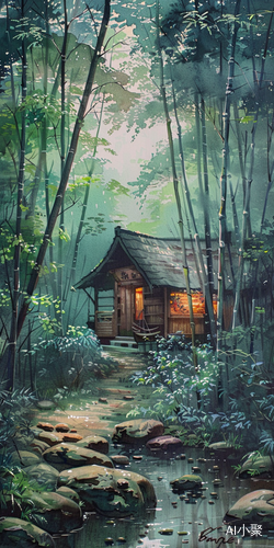 竹林小屋中喝茶享受清净风景画