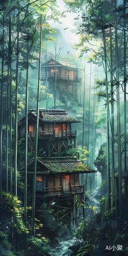 竹林小屋中喝茶享受清净风景画