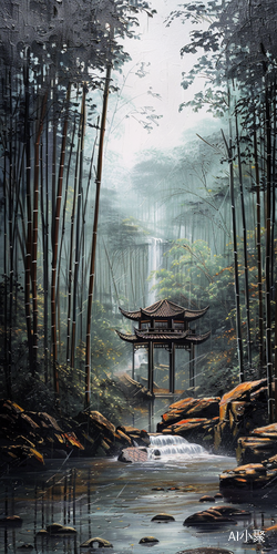 竹林小屋中喝茶享受清净风景画