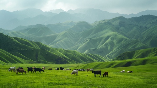 苍翠的远山,连绵起伏的高原，翠绿的草地上悠闲地散步着牛羊，四处悠然。