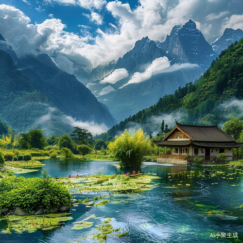 山水如画，白云飘洒，阳光泉水共舞，绝美风景