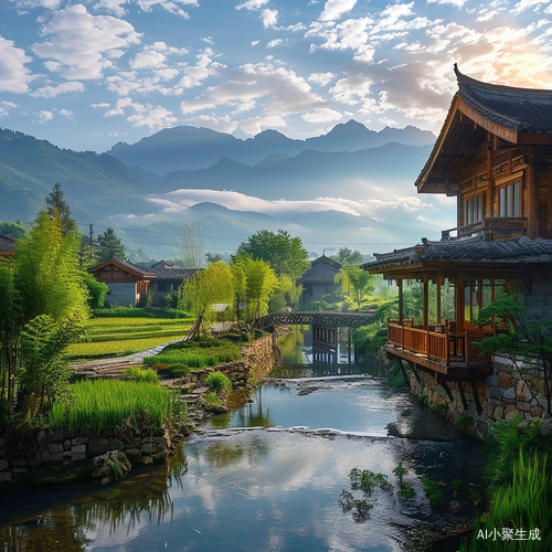 山水如画，白云飘洒，阳光泉水共舞，绝美风景