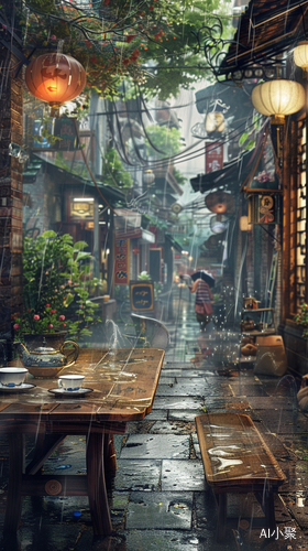 古代街道雨景小店桌