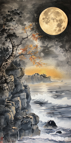 明月照耀古道树叶飘洋