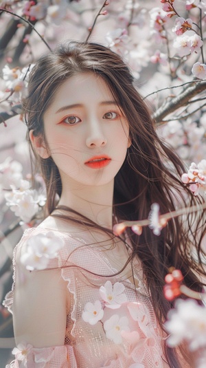 1️⃣ Chinese beauty, wearing a pink skirt and white mesh top with long hair, posing for photos in front of the camera. The background is flowers blooming in the style of riverside, with soft tones and warm lighting. She has exquisite features on her face, giving people an elegant feeling in the style of . ar 17:30