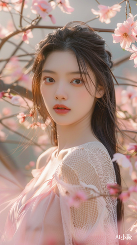 Elegant Chinese Beauty in Pink Skirt and Floral Setting