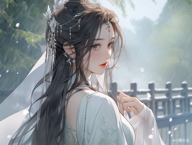 古风美女身着华丽汉服长发飘逸