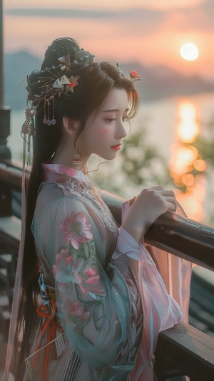 油画风格，飘渺灵气汉服美少女，中国古典，倚栏杆微笑思。亭子背景，高清8K，巨大荷花衬托，粉黄绿蓝莲星妆白昼，夕阳。古风古装。风景如画