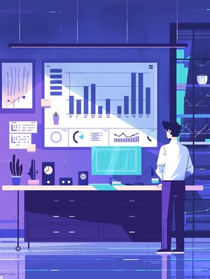 Flat illustration of a office worker standing in front of a dashboard with chart, blue and purple, gradient ar 3:4 niji 5