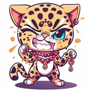 Here's the translation:"Leopard wearing red jewelry, with a colorful expression, showing anger, happiness, anger, coquettishness,expressing love, etc. Illustration set, emoji pack,cute style, fantastic character style, dynamic poses, white background, f64 group, reated personality, 3:4 ratio, shutter speed 250, Nikki 5,feeling 400, cute style.,in clothes