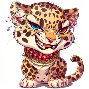 Here's the translation:"Leopard wearing red jewelry, with a colorful expression, showing anger, happiness, anger, coquettishness,expressing love, etc. Illustration set, emoji pack,cute style, fantastic character style, dynamic poses, white background, f64 group, reated personality, 3:4 ratio, shutter speed 250, Nikki 5,feeling 400, cute style.,in clothes