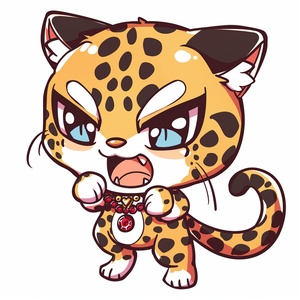 Here's the translation:"Leopard wearing red jewelry, with a colorful expression, showing anger, happiness, anger, coquettishness,expressing love, etc. Illustration set, emoji pack,cute style, fantastic character style, dynamic poses, white background, f64 group, reated personality, 3:4 ratio, shutter speed 250, Nikki 5,feeling 400, cute style.,in clothes