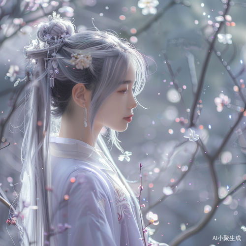 银发桃花少女漫步森林