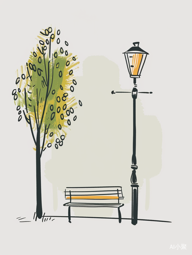 Minimalist Street Lamp, Bench and Tree Illustration