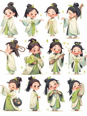 The little girl wearing a light green gauze skirt is a summer costume from the Tang Dynasty in China.She has a smiling face, animated character design, Chinese painting, cute, modest charm, classical style, expression bag, 9 emoticons, happy, smile, sad, serious, expression Symbol table, various postures and expressions, different emotions, various poss and expressions, 8k, ar3:4 s 250 niji 5