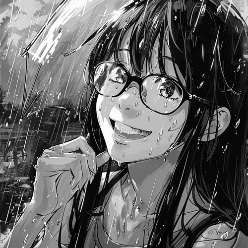 漫画画面显示一个戴着眼镜、长头发的动漫女孩,在雨景前微笑着,将手放在嘴边。这幅画以漫画风格呈现,为黑白色。