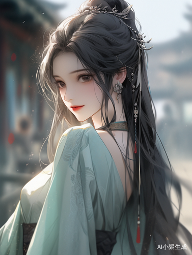 古风美女水蓝色衣裳飘逸长发