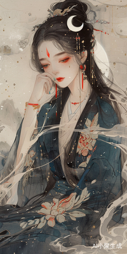 Red Water Droplet Marked Girl in Hanfu with Moon and Flowers