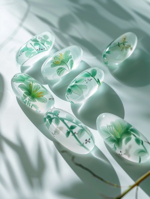 A set of five transparent glass nails with freesia patterns, using a light green and light blue and white color scheme, Chinese ink painting style, simple background, natural lighting at high resolution, the overall design is elegant and exquisite, presenting an artistic atmosphere, strong three-dimensional sense through the glasstexture. A series of different designs were created to highlight various shapes and styles in the style of different artists.