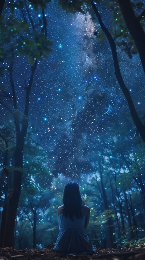 广角，夜晚，星空，树林，美少女