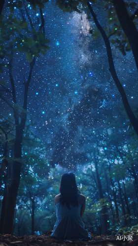 广角下的夜幕星空美少女