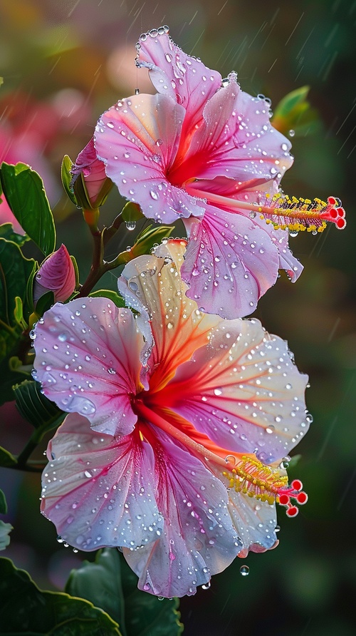 雨后，二三朵粉白黄色的芙蓉花绽放在花树枝头上，花瓣绚丽多彩，花蕊密集细又长，如同一幅美丽的画作。花瓣上滴落着晶莹的露珠，闪烁着微光。夕阳的余晖洒在花朵上，照亮了整个场景，给人一种宁静而祥和的感觉。摄影风格，高动态范围(HDR)材质和C4D引擎，营造出细腻的细节和逼真的光影效果。中距离拍摄，色彩处理，高清画质。