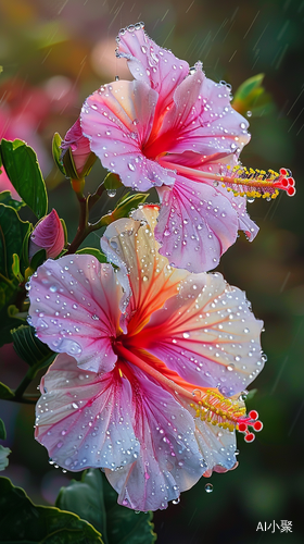 芙蓉花绚丽多彩 露珠晶莹夕阳余晖