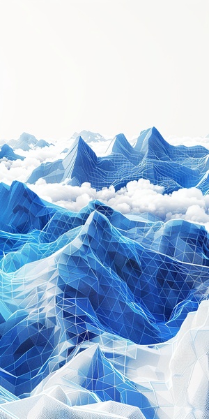 A landscape of blue mountains and clouds, surrounded by buildings made from mesh fabric, all rendered in 3D with an abstract style. The background is white, creating stark contrast to highlight the three-dimensional structure of eachelement. This design emphasizes modern aesthetics while maintaining clear skies, showcasing polygonal shapes and grid patterns in detailed rendering in the style of modern aesthetics.