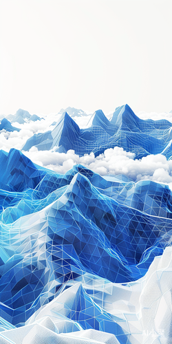 Blue Mountains & Mesh Buildings: Abstract 3D Landscape