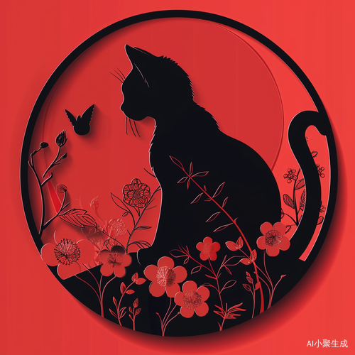中国剪纸:小猫背影与花朵