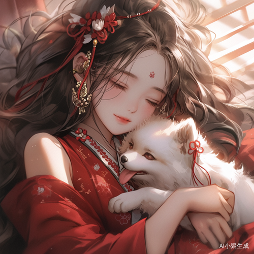 中国风长发美女抱狗肩扛猫