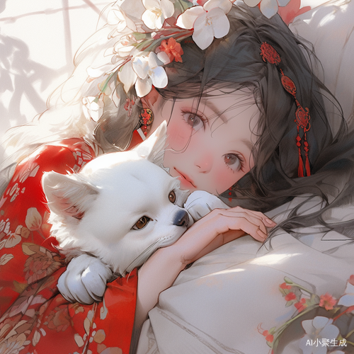 中国风长发美女抱狗肩扛猫