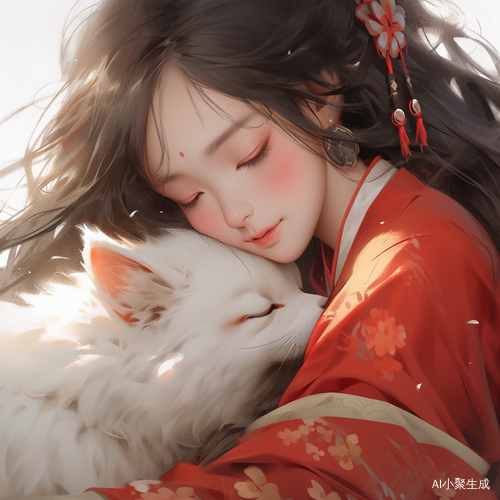 中国风长发美女抱狗肩扛猫