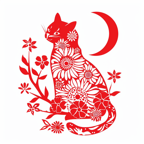 中国剪纸小猫背影花纹红色矢量剪影